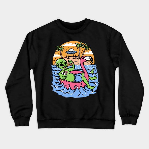 Funny Summertime Alien Eating Pizza on a Pink Flamingo Floatie Crewneck Sweatshirt by SLAG_Creative